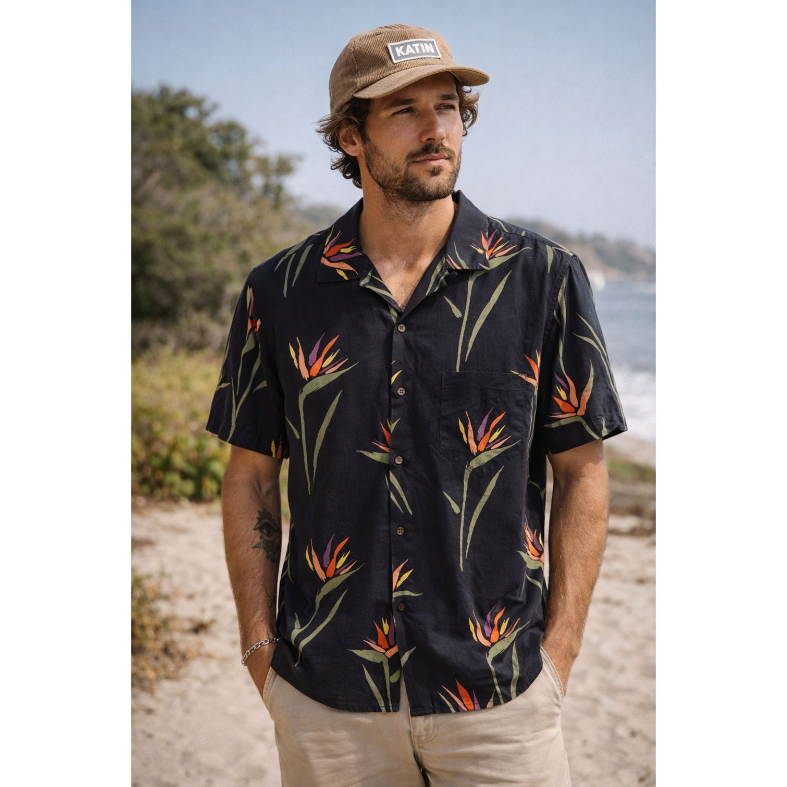 Katin Black Floral Skater Surfer Button Up Shirt Top Mens Size Medium